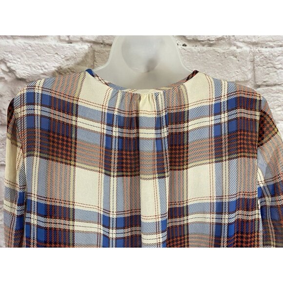 Revolve Joie Safford Silk Button Up Ochre Large Plaid Cream Red Blue Shirt 9756 - Picture 9 of 12